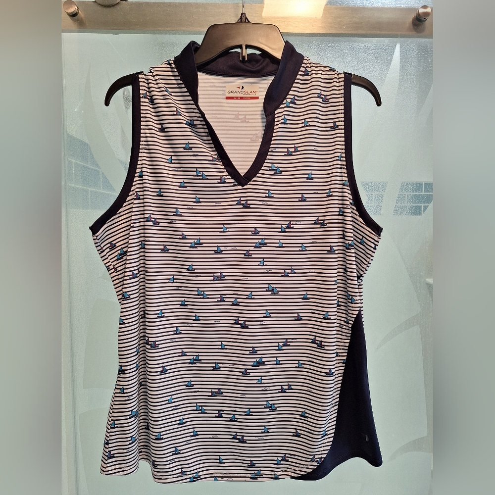 Grand Slam Navy & White Striped V‑Neck Sleeveless Polo Tank For Women Never Worn